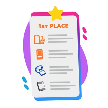 A colorful awards leaderboard displaying top innovations in technology. The leaderboard features a tall, rectangular structure with a glossy finish. Each section showcases a different innovation, highlighted with a vibrant border. The top innovation is marked with a gold star and the text “1st Place” in bold letters. Below it, the second and third innovations are labeled as “2nd Place” and “3rd Place” in silver and bronze respectively. Each entry includes a brief description in smaller text, accompanied by simple icons representing the technologies, such as a smartphone, a robot, and a computer chip. The backdrop is a light gradient, enhancing the visibility of the leaderboard.