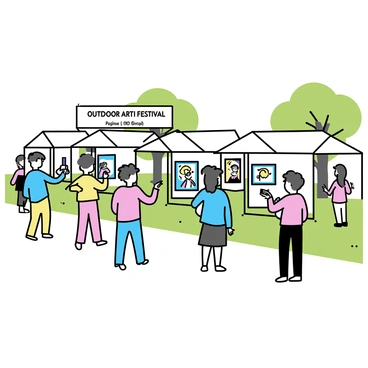An outdoor art festival taking place on a college campus. There are several booths set up, each displaying student illustrations. Each booth has a white canopy, with colorful artworks hung on display boards. Students are gathered around, admiring the illustrations and engaging in discussions. Some students are sketching on notepads while others are taking photos of the artwork. Green grass surrounds the area, and trees provide shade for the attendees. "Outdoor Art Festival" is written on a large sign at the entrance of the festival.