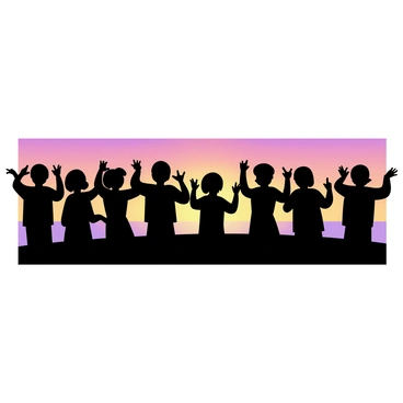 A group of figures forming a choir, all in silhouette, standing in a line. They are positioned against a vibrant sunset, with colors of orange, pink, and purple filling the sky. Each figure has arms raised, creating a unified gesture as they sing. The horizon line is clearly visible, contrasting with the dark outlines of the choir members. There are no other elements in the scene, emphasizing the choir and the sunset.