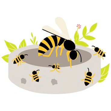 A hornet queen positioned at the center of her nest, exhibiting a larger and more regal appearance than her workers. The queen has glossy, dark yellow and black stripes on her body, with a prominent, rounded abdomen. Surrounding her are several smaller hornet workers, each busy tending to the nest. The nest itself is made of gray papery material, with hexagonal openings visible in the structure. The scene includes green foliage in the background, framing the nest, and a few flowers nearby, adding depth to the environment. The overall composition highlights the queen's dominance and the intricate details of the nest.
