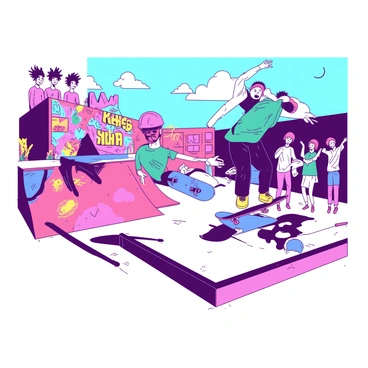 Teenagers performing tricks at a vibrant urban skatepark with graffiti art