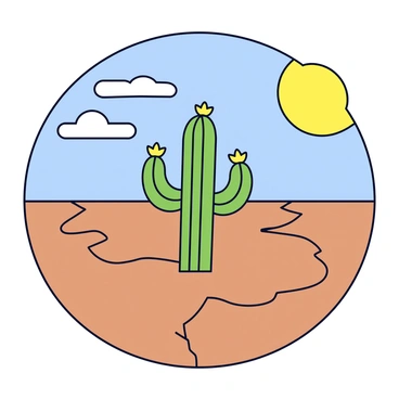 A cracked, barren landscape with dry, brown earth stretching across the scene. In the center stands a tall, solitary cactus with sharp, green spines and a few small yellow flowers at its top. The sun is depicted as a large, bright yellow circle in the sky, casting a harsh light over the terrain. A few wispy clouds drift in the blue sky, adding contrast to the intense sunlight.