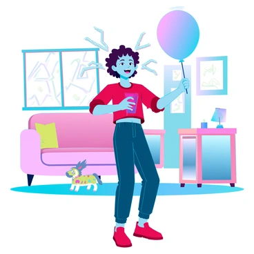 A child with light brown hair and a joyful expression is standing in a brightly lit room. They are holding a colorful balloon in one hand, which is creating a noticeable static electricity effect. The child's hair is standing up in all directions, dramatically styled by the electricity. The balloon is a vibrant shade of blue, and there are small sparks of energy visibly radiating from it, interacting with the child's hair. The background includes a cozy living room setting with colorful toys scattered around, enhancing the playful atmosphere.