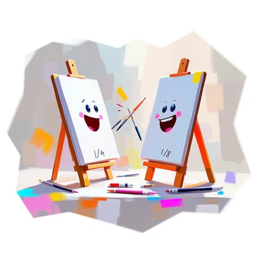 A whimsical scene featuring two illustration boards engaged in a playful battle. One board is labeled "1/4" and the other is labeled "1/8". The boards are positioned upright, facing each other, with cartoonish faces expressing determination. The background is filled with colorful art supplies like paintbrushes, markers, and pencils scattered around them, enhancing the playful atmosphere of the illustration. The boards are slightly tilted, as if they are in motion, adding a sense of action to the composition.