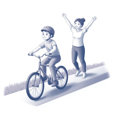 A child riding a bicycle. The child has a look of concentration on their face, gripping the handlebars tightly as they steer. The bike is a standard two-wheeler, and the child is wearing a helmet for safety. Nearby, a parent is standing with arms raised in encouragement, showing a smile of pride. The background includes a grassy area and a clear path, suggesting an outdoor setting for this momentous occasion.