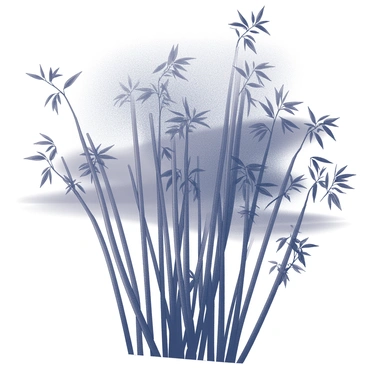 A dense grouping of bamboo stalks stands tall, their slender forms creating a dramatic silhouette. The bamboo is tightly clustered, with varying heights and multiple branches reaching outward. The sky above transitions through various shades as twilight descends, with hints of deep black and white contrasting against the intricate shapes of the bamboo. The overall scene conveys the serene yet majestic presence of nature at dusk.