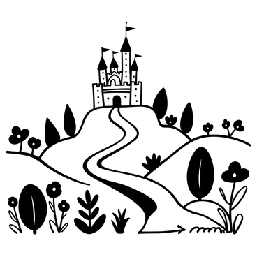 A whimsical black ink landscape with a large, detailed fairy tale castle perched on a hilltop. The castle features multiple towers and intricate architectural designs, with flags waving atop the tallest spires. Below the castle, there are gently rolling hills that flow into the distance, dotted with stylized trees and shrubs. The foreground includes a winding path leading towards the castle, flanked by oversized flowers and whimsical plants, creating a sense of fantasy and enchantment in the scene.