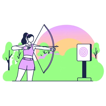 A young archer is positioned at a target range, carefully aiming towards a target in the distance. She has long hair tied back and wears a fitted sleeveless top and athletic shorts, along with fingerless gloves for grip. The bow is drawn taut in her right hand, while her left hand steadies the arrow. The target is a round bullseye, consisting of distinct concentric circles. The sky is filled with hues of orange and purple as the sun sets, casting a warm glow over the scene. Silhouetted trees outline the perimeter of the range, creating a tranquil atmosphere.