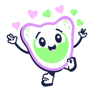 A cartoon-style ovary character is depicted prominently in the center of the image. The ovary has a smiling face, with bright eyes and an expressive mouth. It exudes a cheerful demeanor, evident through its raised eyebrows and an open, friendly smile. Surrounding the ovary character, there are small, colorful hearts floating in the air, enhancing the joyful atmosphere. The character is illustrated with arms and legs, both raised in a playful pose, adding to its lively expression. The overall composition emphasizes a sense of happiness and positivity.