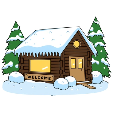 A cozy cabin made of dark wood, nestled among tall pine trees blanketed in thick white snow. The roof is heavy with snow, and icicles hang from the edges. The windows of the cabin emit a warm yellow glow, suggesting a fire is crackling inside. Near the front door, there's a wooden welcome sign with a rustic font, slightly tilted. Flakes of snow gently fall around the scene, and a small path leads to the door, bordered by snow-covered bushes.