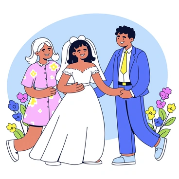 A cartoon bride wearing a white wedding dress with lace details is standing in a bright, cheerful garden. She is smiling warmly as she holds hands with her parents. The mother is wearing a pastel dress with floral patterns, and the father is in a smart suit with a tie. They are all looking at each other with expressions of love and happiness. Behind them, there are colorful flowers and a clear blue sky.
