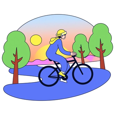 A cyclist wearing a bright yellow helmet and a fitted blue cycling outfit is riding a sleek black bicycle. The cyclist is positioned on a winding road, with the sun rising in the background. The sky is filled with shades of orange, pink, and light blue. The long shadows of the cyclist and the bicycle stretch across the asphalt. Lush green trees line the sides of the road, illuminated by the warm light of the morning sun.