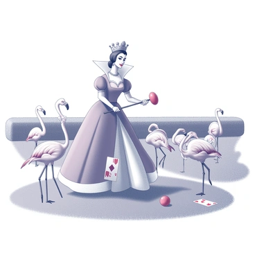 The Queen of Hearts is depicted holding a flamingo as a croquet mallet, poised to strike a croquet ball on a well-maintained lush lawn. She is dressed in her iconic royal attire, featuring a large ornate crown and a gown adorned with heart motifs. Surrounding her are several other flamingos, arranged in various stances as they serve as the croquet wickets. The scene is lively, with a few playing cards positioned on the ground, adding to the whimsical atmosphere of the game. In the background, there are hints of manicured hedges, suggesting a grand garden setting.