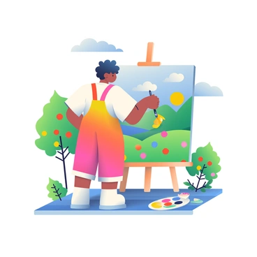 An artist with light brown skin and curly hair is standing in front of a large canvas positioned on an easel. The artist is wearing a white shirt and colorful overalls. They are holding a paintbrush in their right hand, and the canvas is filled with bright colors depicting a landscape. Surrounding the artist, there are various trees with lush green leaves and vibrant flowers in shades of red, yellow, and blue. In the background, a clear blue sky is visible with a few fluffy white clouds floating by. A picnic blanket is spread out nearby, adorned with art supplies and a palette filled with a spectrum of colors.