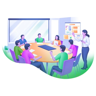 A modern pastel illustration depicting a meeting room filled with a diverse group of employees sitting around a large oval table. Each employee is engaged in conversation, with some taking notes and others looking at presentation materials. At one end of the table, a sign language interpreter is standing, using clear gestures to communicate information. On the wall, there is a whiteboard filled with colorful diagrams and notes. Light streams in through a large window, illuminating the room and creating a collaborative atmosphere.