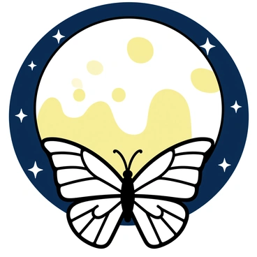 A butterfly, with intricate wing patterns, is positioned in front of a large, luminous full moon. The moon is bright with detailed craters and surrounded by a deep navy night sky. Stars are dotting the sky, creating a contrast against the moon's glow. The butterfly's wings are outlined sharply, capturing the shape and delicate features as it hovers in the foreground.