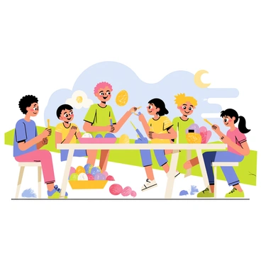 Children eagerly painting and decorating Easter eggs at a sunny outdoor table