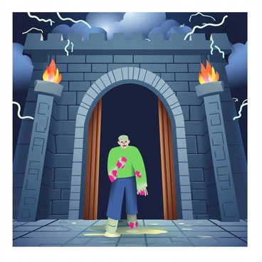 Frankenstein's monster, with green skin and prominent scars, is standing at the grand entrance of a dark, imposing castle. The castle's stone walls are weathered and adorned with flickering torches that cast ominous shadows. Above, dark storm clouds swirl menacingly, with flashes of lightning illuminating the scene. Rain pours down, creating puddles on the cobblestone path leading to the entrance. The monster's expression is one of determination, as he gazes into the depths of the castle's shadowy interior. The heavy wooden doors of the castle are slightly ajar, revealing darkness beyond.
