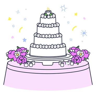 A multi-tiered wedding cake with white icing and intricate floral decorations. The cake features delicate sugar roses and leaves around each tier. The table is covered with a soft pastel-colored tablecloth, and it is adorned with a variety of fresh flowers including pink peonies and white daisies. There are small decorative candles placed around the cake, adding to the elegant presentation. In the background, there are hints of a festive reception atmosphere, with soft lighting illuminating the scene.