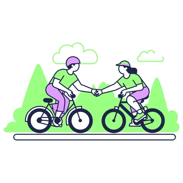 Two friends are riding bikes side by side on a path. One friend, wearing a helmet and a bright t-shirt, is reaching out with their right hand to hold the hand of the other friend, who is smiling and wearing a colorful cap. Both bikes have two wheels and are in motion, with the wheels slightly blurred to indicate speed. The background features trees and a clear sky, enhancing the sense of an outdoor adventure.
