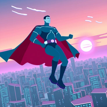 A superhero with a muscular build and a flowing cape is soaring above a sprawling cityscape. The superhero is wearing a sleek, high-tech suit adorned with glowing accents. Below, the city is filled with towering skyscrapers and bustling streets. The sky is painted with vibrant hues of orange, pink, and purple as the sun sets on the horizon. Wisps of clouds catch the light, adding texture to the scene. The superhero's determined expression is visible as they glide effortlessly through the air, embodying strength and courage.