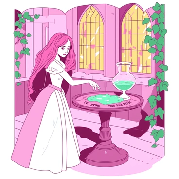 A pink princess with long flowing hair, adorned in a sparkling white gown, stands in a grand room of an enchanted castle. She gazes curiously at a small table decorated with intricate carvings. On the table, there is a shimmering teal potion in a delicate glass bottle, clearly labeled with ornate letters reading "Drink at Your Own Risk." Surrounding the table are lush green vines that climb the castle walls, and soft golden light filters through large stained glass windows, casting colorful patterns on the floor. The princess reaches out toward the potion, her expression a mixture of wonder and caution.