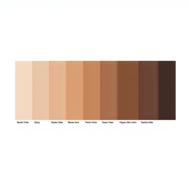 A color palette featuring a gradient of diverse skin tones, arranged horizontally from light to deep shades. Each tone is smoothly blended into the next, showcasing a spectrum that represents various ethnic backgrounds. The palette is presented against a plain white background, emphasizing the richness and variety of the skin tones. Each color is labeled with its respective name below it to highlight the diversity.
