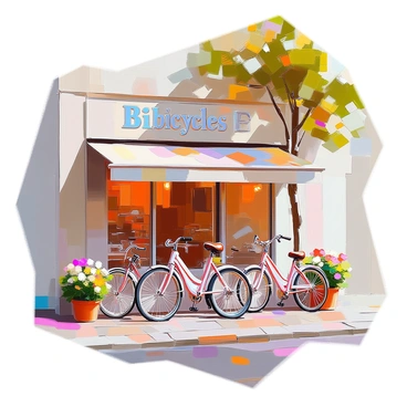 A quaint 1920s bicycle shop is set in a charming urban environment. The shop has a wooden facade, adorned with vintage signage that reads "Bicycles" in elegant lettering. Outside, several classic two-wheelers are displayed on the cobblestone sidewalk. The bicycles come in various pastel colors, featuring traditional designs with curved frames, leather seats, and shiny chrome handlebars. Potted plants with blooming flowers are placed beside the bicycles, adding a touch of greenery to the scene. A gentle breeze rustles the leaves of nearby trees, creating a lively atmosphere.