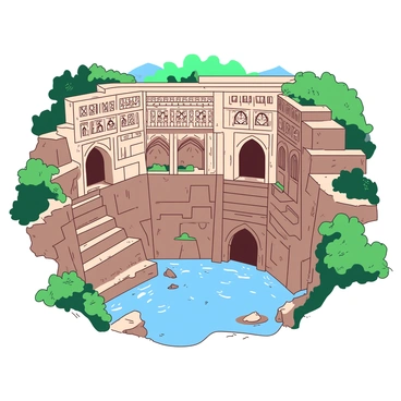 An ancient stepwell with intricately carved stone walls surrounded by vibrant green plants and foliage. The stepwell descends into the ground, showcasing various levels with arches and niches. Water reflects the intricate designs of the stone carvings above, creating a peaceful atmosphere. In the background, the Ganges River can be seen flowing gently, adding to the serene setting of this historical site.