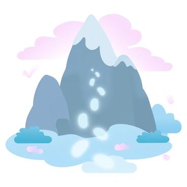 A tall mountain with rugged, rocky terrain dominates the scene. At the base, there is a path that appears to be illuminated with "digital footprints" leading up toward the peak. The footprints glow softly in various pastel colors, creating a stark contrast against the natural landscape. Surrounding the mountain are patches of grass and clusters of small bushes. The sky above is a gradient of pastel colors, transitioning from soft pinks to light blues, enhancing the overall atmosphere of the image.