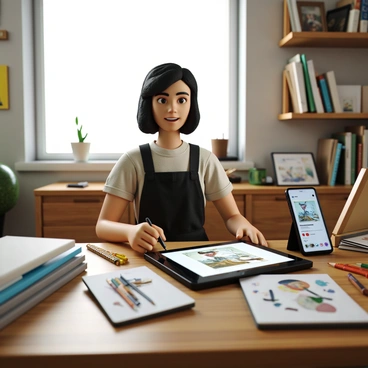 An artist with medium-length curly hair, wearing a black apron over a casual shirt, is seated at a wooden desk in their creative workspace. The desk is cluttered with art supplies including colored pencils, paint tubes, and sketchbooks. The artist is focused on a tablet, displaying their latest illustrations. A large window behind them allows natural light to illuminate the room, revealing shelves lined with various art books and framed artwork. On the desk, there is also a smartphone propped up, showing a social media interface with notifications popping up.
