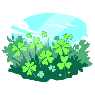 A green field of clovers sways gently in a light breeze under bright sunlight. The clovers have three leaves, with some flowers blooming among them, adding variety to the scene. Sunlight filters through, creating soft shadows on the ground, while the sky is clear and blue, adding depth to the overall image. The clovers appear to move rhythmically, as if dancing with the wind.