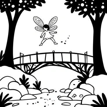 A fairy with intricate, glowing wings is mid-flight over a mystical bridge. The bridge is made of twisted vines and ancient wood, adorned with small sparkling gems. Below, a bubbling brook flows with precision, water splashing against the rocks. Surrounding the scene are tall, leafy trees that arch overhead, their branches creating a natural frame. The fairy's delicate dress flows with the breeze as she navigates the air, leaving a faint trail of light behind her.