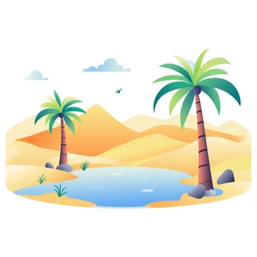 A hidden oasis in a vast desert is depicted with golden sand dunes surrounding it. In the center, there is a clear, tranquil pool of water reflecting the blue sky above. Tall, slender palm trees with vibrant green fronds are situated around the pool, their shadows casting gentle patterns on the sand. Small rocks and tufts of grass are scattered near the water's edge, enhancing the natural feel of the scene. A few birds can be seen flying in the distance, adding life to the serene environment.