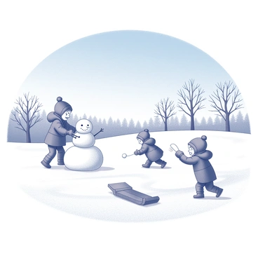 A snowy landscape with a thick blanket of snow covering the ground. Several children, bundled in winter coats, are joyfully playing. One child is building a snowman, rolling a large snowball for the base, while another is throwing snowballs. A nearby child is sliding down a small hill on a wooden sled. In the background, bare trees are dusted with snow, contrasting against the bright blue sky above, which is clear and devoid of clouds.