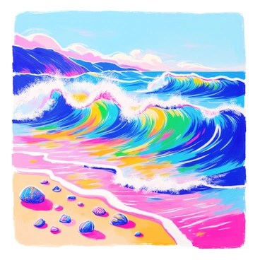 An illustration of ocean waves displays a dynamic scene with multiple waves crashing against each other. Each wave is rendered in a variety of bright colors, including vibrant blues, greens, and yellows, creating a lively and energetic appearance. The surface of the water reflects the colors, adding depth and detail to the image. Pebbles and seashells are scattered on the sandy shore, enhancing the coastal setting. In the background, the horizon meets the sky, which is clear and bright.