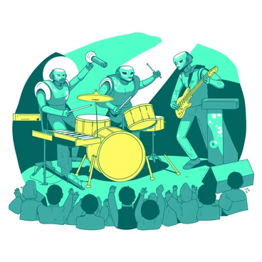 A band of teal robots is energetically playing various instruments on stage. One robot is drumming on a large yellow drum set, while another is passionately strumming a yellow electric guitar. A third robot is singing into a shiny teal microphone, and a fourth is playing a yellow keyboard. Bright stage lights illuminate the scene, casting vibrant colors around the band. The audience, made up of various small robots, is cheering and clapping, with their small hands raised in excitement.