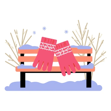 A pair of cozy, knitted winter gloves in a bright red color resting on a snowy park bench. The gloves have intricate white patterns woven into the fabric, showcasing a classic design. The park bench is partially covered in a layer of soft, fluffy snow, creating a wintery scene. In the background, there are bare trees with snow-dusted branches, and a few gentle snowflakes falling from the gray winter sky. The overall atmosphere conveys a chilly yet inviting winter day.