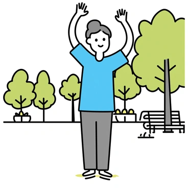 An elderly person, with gray hair tied back in a bun, is wearing a light blue shirt and comfortable gray pants. They are standing on a grassy area in a park, surrounded by lush green trees and neatly arranged flower beds. The elderly person is performing a gentle stretching exercise, reaching their arms above their head with a calm expression. Nearby, a wooden bench and a walking path can be seen in the background, completing the serene park setting.
