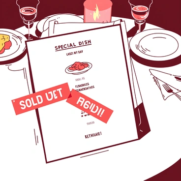 A white restaurant menu is displayed on an elegantly set table. The menu features a variety of dishes, and in the center, there is a highlighted section for the "special dish of the day." The special dish is prominently labeled, with a "Sold Out" sticker in bright red diagonally placed across it. The background includes a soft focus of a beautifully set dining area, with polished silverware and flickering candlelight.