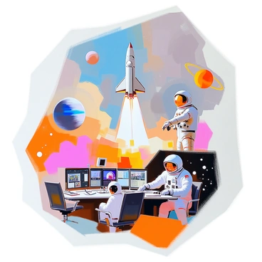A collage on an illustration board featuring various elements from 1960s space exploration. The composition includes images of rockets launching into the sky, astronauts in space suits, and iconic spacecraft like the Apollo lunar module. There are also vintage photographs of mission control rooms filled with engineers and scientists. In addition to these, the collage integrates illustrations of planets, stars, and the moon, creating a dynamic visual representation of the era's fascination with space. Each element is carefully placed to create a vibrant and engaging scene reflecting the excitement of the time.
