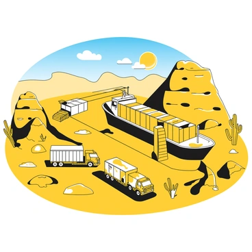 A cargo station situated in an expansive desert landscape. The station features a large transport ship docked nearby, with its ramp extended to the ground. Several trucks, painted in varying shades of yellow, are positioned around the ship, actively loading crates and containers. The sun casts sharp shadows on the sand, highlighting the textures of the ground. In the background, sparse desert vegetation can be seen, adding to the arid atmosphere. A clear blue sky stretches above, contrasting with the sandy terrain below.