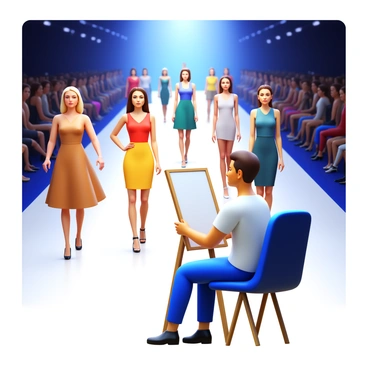 A live illustrator sitting at an easel, sketching models strutting down the runway at a fashion show. The runway is illuminated with bright lights, highlighting the fashionable outfits of the models. Each model is wearing a unique ensemble, showcasing a variety of colors and textures. The audience can be seen in the background, watching intently. The illustrator is focused, with a pencil in hand, capturing the dynamic movements of the models as they walk confidently.