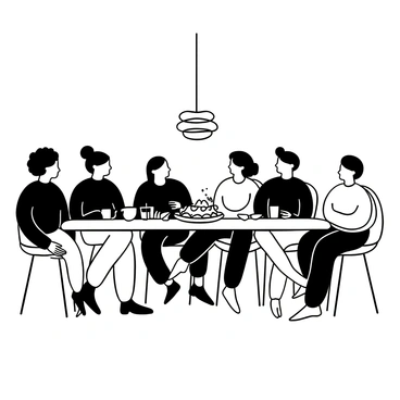 A long wooden table is set in a modern dining space, surrounded by a diverse group of individuals engaged in conversation. Various dishes and drinks are placed on the table, with the centerpiece being a large platter of colorful food. The characters are dressed in contemporary clothing, representing different cultures and backgrounds, each with distinct features and styles. The atmosphere incorporates elements of a lively gathering, with some individuals leaning forward in discussion and others gesturing as they share stories. Above the table, a modern chandelier provides illumination, casting shadows that add depth to the scene.