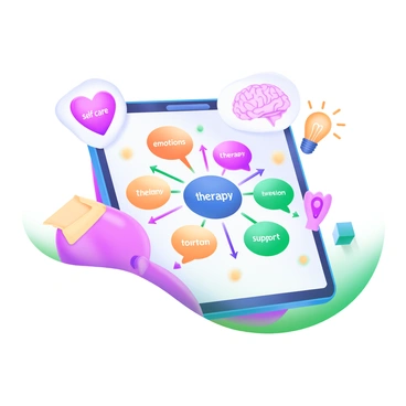 A modern pastel illustration of a colorful mind map that visually represents various thoughts and feelings associated with mental health concepts. The mind map features interconnected bubbles in different pastel colors, each containing phrases such as "self-care," "emotions," "therapy," and "support system." Surrounding the central mind map are images of a heart, a brain, and a light bulb to symbolize emotions, mental processes, and ideas. Additionally, small arrows connect the bubbles, illustrating relationships between the different concepts.