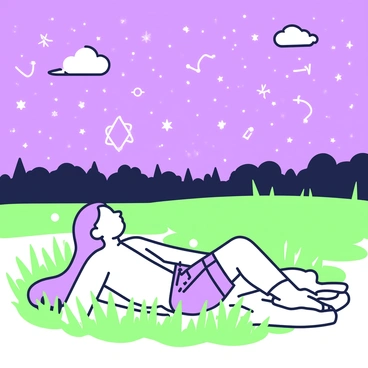 A young dreamer is lying back in a field, surrounded by tall grass gently swaying in the breeze. The dreamer has long, flowing hair that spreads out against a soft blanket. They are wearing a simple white shirt and denim shorts. Above them, the sky is filled with countless stars twinkling brightly, showcasing various constellations. A couple of small clouds float across the vastness of the night sky. In the distance, silhouettes of trees can be seen against the horizon. The atmosphere feels calm and contemplative as the dreamer gazes up, lost in thoughts.