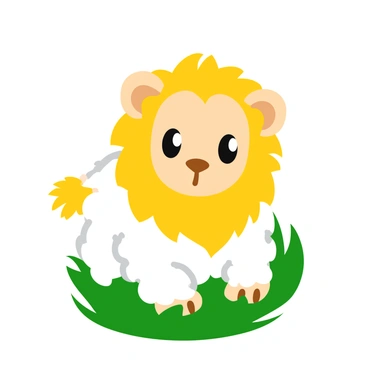 A vibrant illustration of a creature that is half lion and half lamb. The lion side features a golden mane with sharp, defined facial features and intense eyes, showcasing the strength and majesty of the lion. The lamb side presents a fluffy white coat with soft, rounded features and gentle eyes, embodying innocence and calmness. The two halves are seamlessly blended down the center, creating a striking contrast between the fierce lion and the gentle lamb. The background is a simple grassy field, enhancing the focus on the creature.
