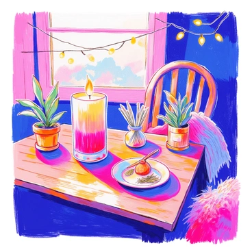 A cozy setting features a wooden table with a "raspberry scented candle" burning in a decorative glass holder. The candlelight casts a warm glow across the table. Surrounding the candle are a few small decorative items, including a "tiny potted plant" with green leaves and a "fragrant pouch" filled with herbs. There is also a soft, knitted "blanket" draped over a nearby chair, adding to the warmth of the atmosphere. In the background, a "twinkling string of lights" creates a soft ambiance.