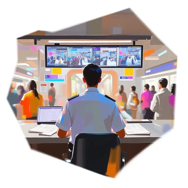 A security personnel member with a medium build and short black hair is seated at a control desk in a busy subway station. He is intently monitoring multiple CCTV screens displaying various angles of the bustling station. The screens show passengers in motion, waiting for trains, and buying tickets. The station is well-lit, with a mixture of bright overhead lights and signs indicating different subway lines. In the background, there are several people standing, some reading maps, while others are checking their phones. The atmosphere reflects the dynamic activity of city life.