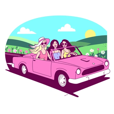 A pink convertible car is driving along a scenic road with a blue sky above. Inside the car, Barbie and her three friends are smiling and laughing, each with long hair blowing in the wind. Barbie is wearing a stylish sunhat and sunglasses, while her friends have colorful summer outfits. The landscape around them features rolling green hills and vibrant flowers along the roadside. The sun is shining brightly, adding a cheerful atmosphere to the road trip scene.